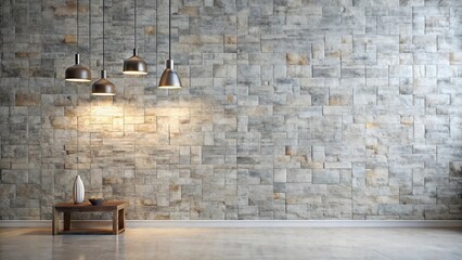 Modern minimalist interior design with stone wall and pendant lights