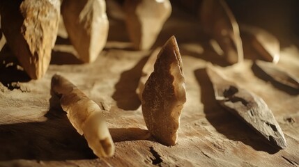 Close-up of ancient stone tools, sharp flint knives, and polished axes on a weathered wooden surface, symbolizing prehistoric craftsmanship and the dawn of human ingenuity.