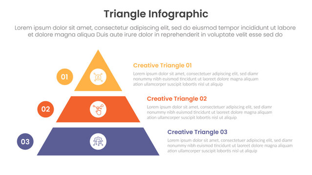 triangle base shape infographic template banner with big pyramid slice stack with 3 point for slide presentation