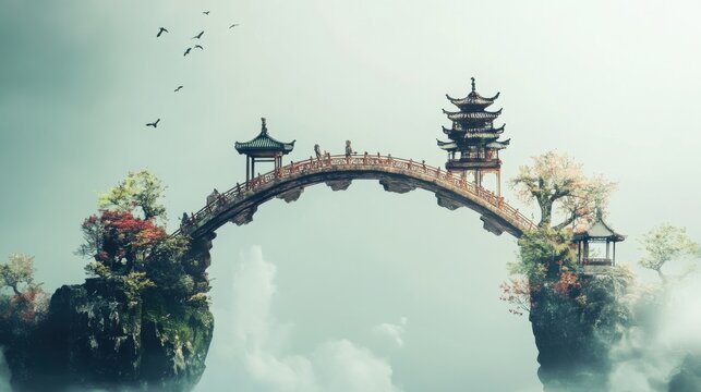 A bridge made of diverse cultural artifacts and symbols connecting two distinct lands, Representing the connection and understanding between different cultures, minimalist style