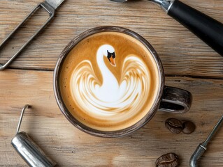 Artistic coffee latte with swan design in a cozy setting.