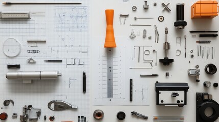 Workbench Arrangement of Tools, Instruments, and Technical Drawings