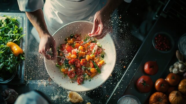 A chef creating a unique dish in the kitchen, with vibrant ingredients and an eye for creative food design.