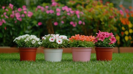 Colorful potted flowers in vibrant pots arranged on green grass, surrounded by a lush floral background.