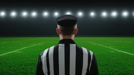 A referee stands on a football field under bright lights, ready to officiate a game, showcasing the intensity of sports and competition.