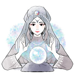 水晶に手をかざす占い師の女性