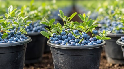 A vibrant display of blueberry plants in pots, laden with ripe berries, set in a lush greenhouse environment.