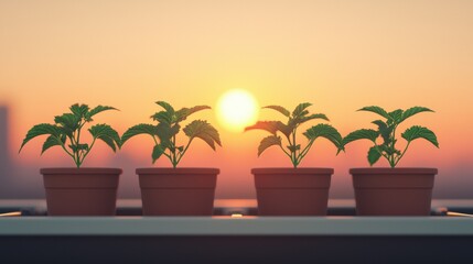 Obraz premium Four potted plants bask in the golden glow of a sunset, creating a serene and tranquil atmosphere.