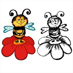 bee and flower. coloring happy bees over flower