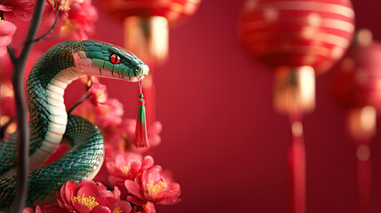 green snake, red background, lanterns and flowers, Chinese new year concept