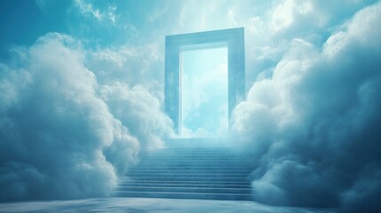 Hyperrealistic Bright Heaven Gate Surrounded by Clouds and Stairway to a Dreamlike Realm