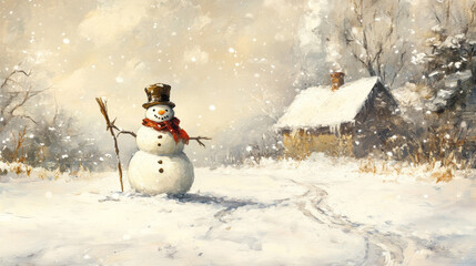 Obraz premium Merry christmas and happy new year greeting card with copy-space.Happy snowman standing in winter christmas landscape.Snow background