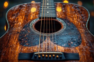 Obraz premium Close-up of a wet, acoustic guitar with bokeh lights in the background.