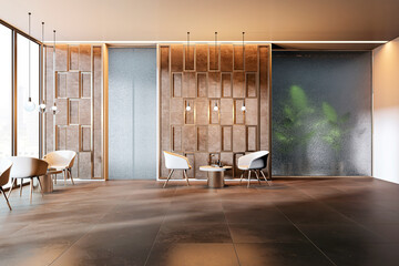 Modern office waiting area interior with minimalist white chairs, small table, decorative wall...