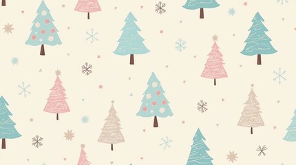 Cute Pastel Christmas Tree Pattern With Snowflake Accents