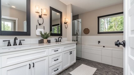 Modern Stylish Bathroom with Double Vanity and Natural Light