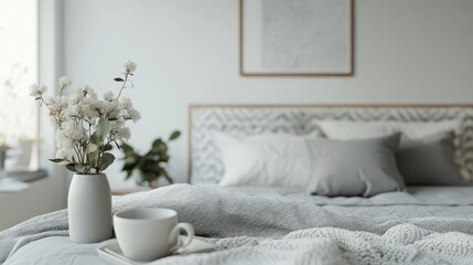 Naklejka premium Cozy Bedroom Scene with Floral Arrangement and Warm Textiles