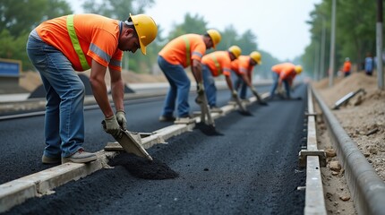 Road Construction Workers Laying Asphalt at Urban Construction Site