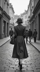 Fototapeta premium Vintage Woman Walking Through Paris Street in 1950s Monochrome
