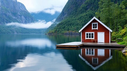 Fototapeta premium Nordic house landscape concept. A red cabin by a serene lake surrounded by mountains, reflecting in the calm water under a cloudy sky.
