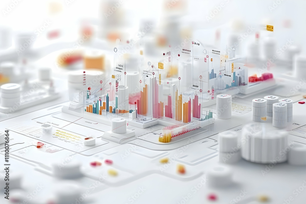 Poster abstract 3d data visualization with colorful charts and graphs.