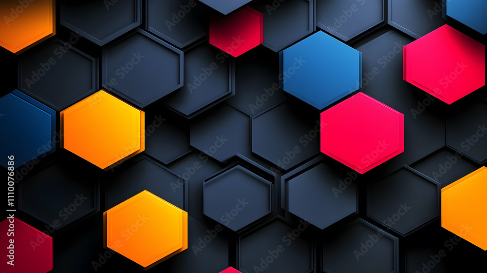 Poster abstract 3d hexagon pattern with vibrant color accents.