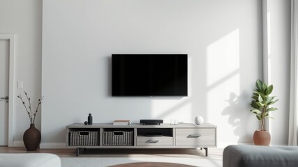 Fototapeta premium Modern living room with a sleek TV mounted above a minimalist entertainment console, featuring woven baskets, a potted plant, and a soft rug, bathed in natural light streaming through a window.