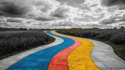 A colorful, unconventional path leading through a grayscale landscape, symbolizing a unique and different approach