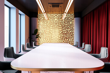 Modern boardroom interior with contemporary furniture, large table, stylish chairs, decorative wall...