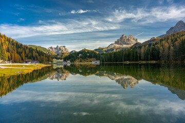 Stunning landscape and reflection of Misurina lake in autumn, Dolomite Italy.