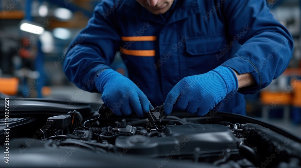 Poster mechanic working on the engine of a car in a garage, highlighting the technical skills and hands-on 