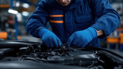 Mechanic working on the engine of a car in a garage, highlighting the technical skills and hands-on expertise required in auto repair