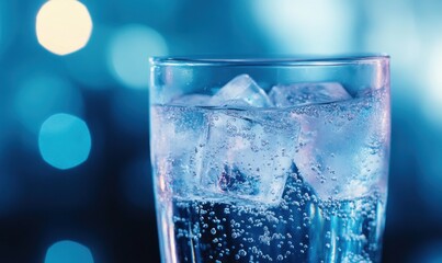 Refreshing Glass of Sparkling Water with Ice Cubes and a Frosty Atmosphere