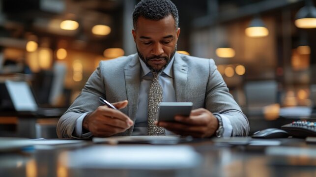 well-dressed businessman sits at a sleek desk, focused on his smartphone while jotting down notes. Modern office decor surrounds him, creating a productive atmosphere for financial analysis