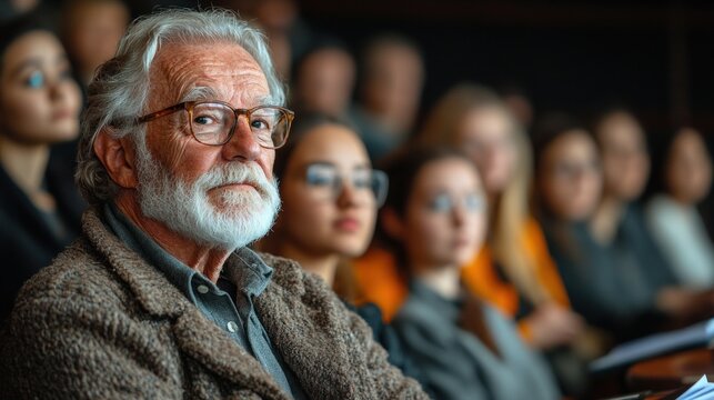 elderly man with glasses and a white beard is sitting in a lecture hall surrounded by a captivated audience of young adults. event is focused on public speaking and engagement