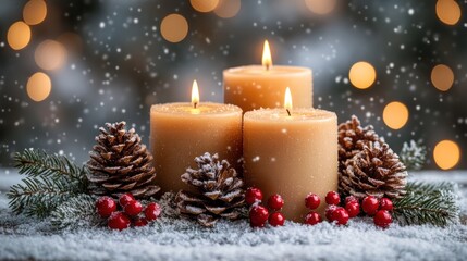 Three warm candles illuminate a winter tabletop adorned with pine cones and vibrant red berries, surrounded by a dusting of snow, creating a cozy Christmas ambiance