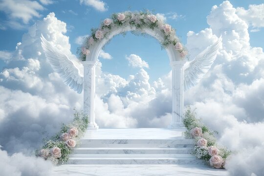 Ethereal Marble Arch with Angelic Wings Surrounded by Fluffy Clouds and Floral Accents in Blue Sky