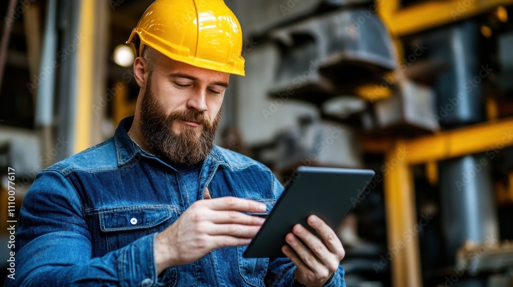 Poster engineer using a tablet to monitor production processes in a factory, showcasing the integration of 