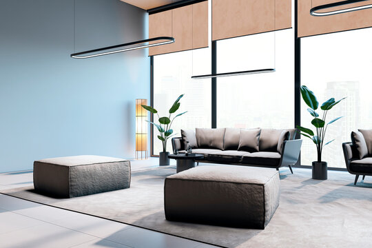 Modern waiting area with stylish furniture, natural lighting, and indoor plants in an office interior. 3D Rendering