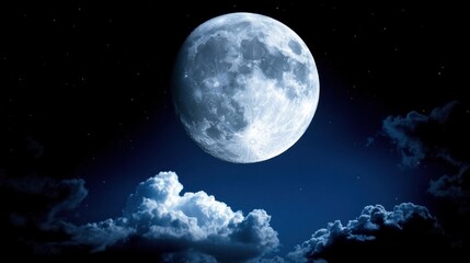 luminous full moon casts its light on fluffy clouds floating in the night sky. Stars twinkle around, creating a tranquil atmosphere in a peaceful nighttime setting