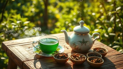 Fototapeta premium A steaming cup of green tea on a wooden table with assorted dried tea leaves and a teapot in the background, creating a tranquil and aromatic scene.