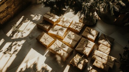 Several beautifully wrapped gifts are arranged on a light-colored floor. Soft sunlight filters through greenery, casting enchanting shadows and creating a warm, inviting atmosphere
