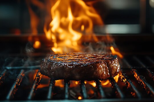 Grilled beef steak on the grill with flames in the background.