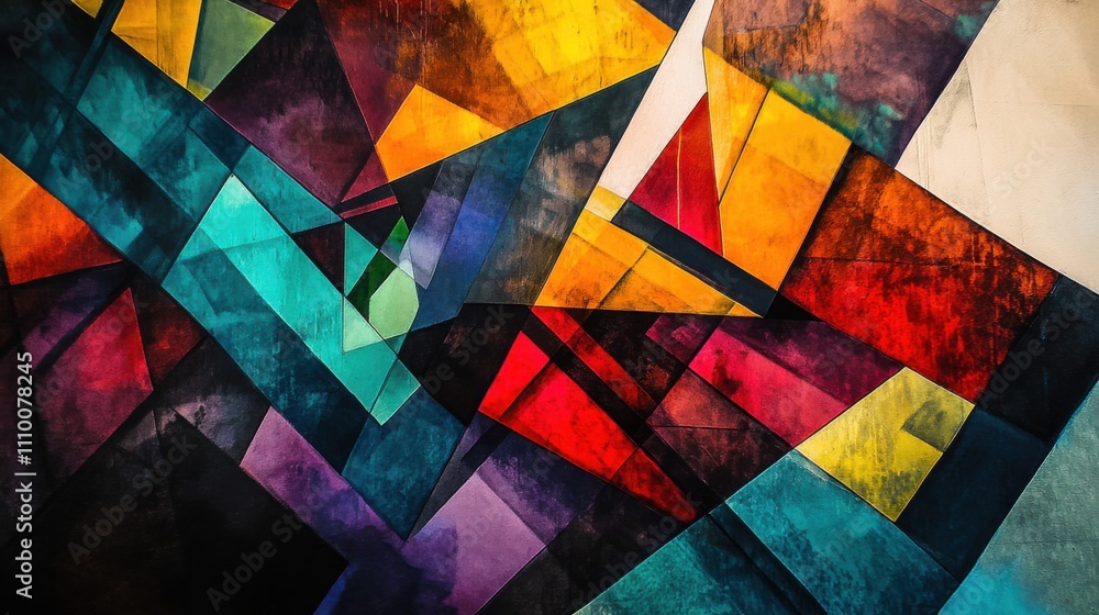 Wall mural a captivating image of abstract, multi-colored geometric shapes coming together to create a unified,