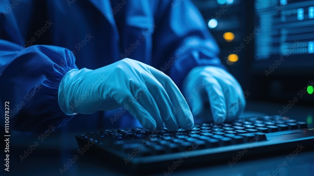 Poster hands dressed in blue gloves are actively typing on a keyboard in a dimly lit room filled with compu