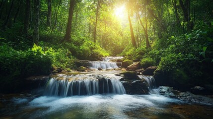 Sunlit rainforest stream cascading over rocks.