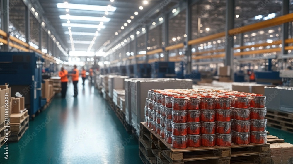 Poster rows of pallets filled with various products are neatly arranged in a spacious warehouse. workers in