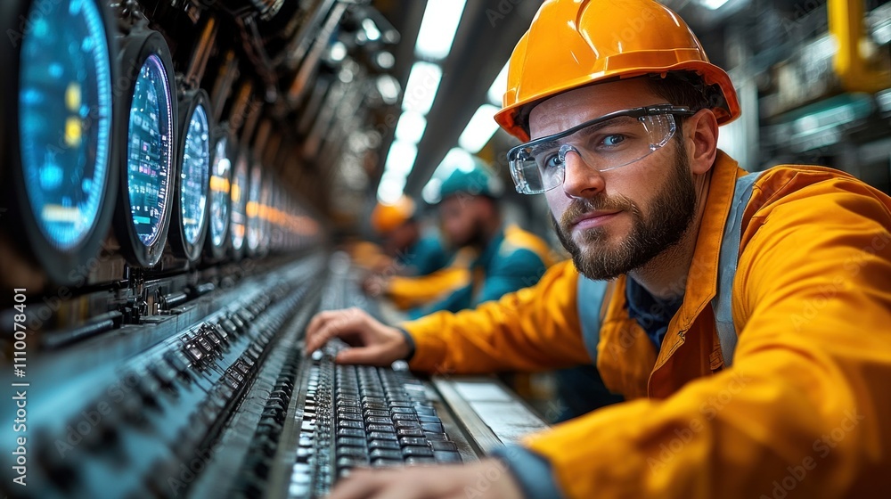 Poster focused engineer operates a control panel with various gauges and screens in a busy industrial facil