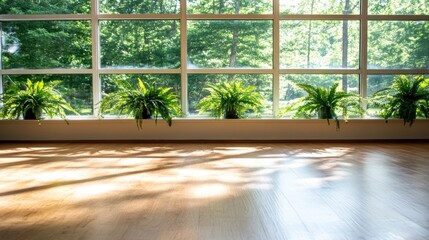 Sunlight streams through large windows illuminating a wooden floor adorned with vibrant ferns. green plants enhance the calm and tranquil ambiance of the interior space