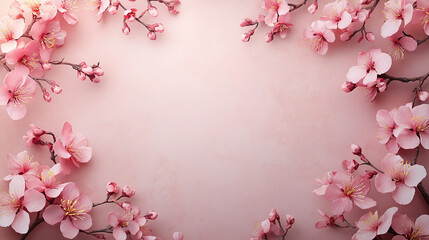 Fototapeta premium Pink background with pink cherry blossoms on the edges, pink background with peach blossom decoratio